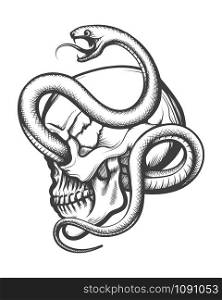 Tattoo of Human Skull in side view Entwined By Snake drawn in Engraving style. Vector Illustration