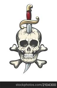 Tattoo of Human Skull pierced by Knife isolated on white. Vector illustration.