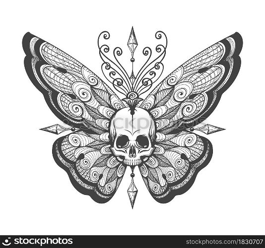 Tattoo of Human Skull with butterfly wings isolated on white. Vector illustration.