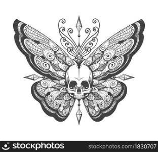 Tattoo of Human Skull with butterfly wings isolated on white. Vector illustration.