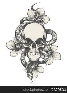 Tattoo of human skull with snake and flowers isolated on white. Vector illustration.
