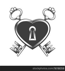Tattoo of lock with two keys drawn in engraving style. Vector illustration.
