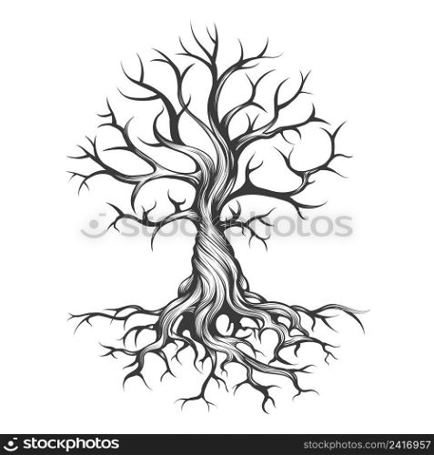 Tattoo of naked tree drawing in Engraving Style isolated on white. Vector illustration.