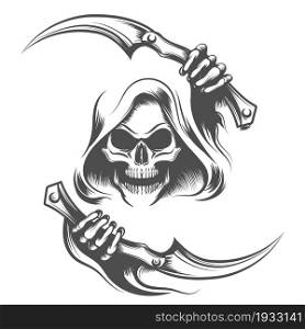 Tattoo of Skull in a Hood holds scythes in hands isolated on white. Vector illustration.