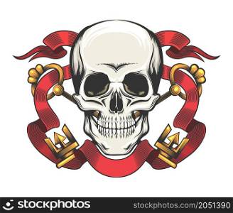 Tattoo of Skull with Golden Keys and Red Ribbon. Esoteric Symbol frailty of existence isolated on white. Vector illustration.