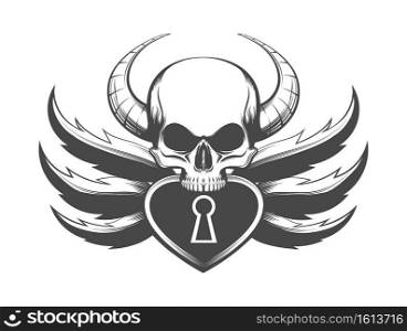 Tattoo of Skull with Horns and Padlock. Vector Illustration