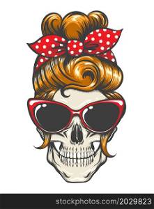 Tattoo of Skull with Pinup Hairstyle Sunglasses and Bandana isolated on white. vector illustration.