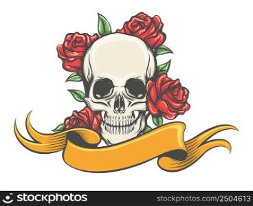 Tattoo of Skull with Roses and Banner drawn in Engraving Style isolated on white. Vector Illustration.