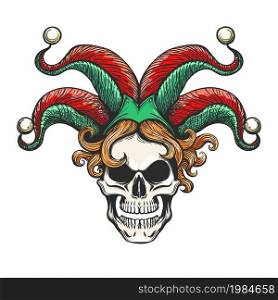 Tattoo of smiling Joker skull in Jester Hat isolated on white. Vector illustration