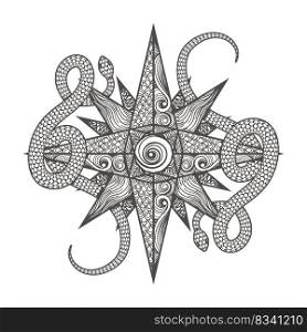 Tattoo of Star and Snakes Esoteric Emblem drawn in Zentangle Style isolated on white. Vector Illustration