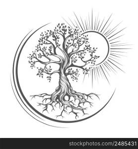 Tattoo of Tree of Life Esoteric Drawn in Engraving Style isolated on white. Vector Illustration.