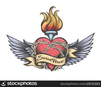 Tattoo of Winged Sacred Heart Tattoo drawn in Engraving Style isolated on white background. Vector illustration.