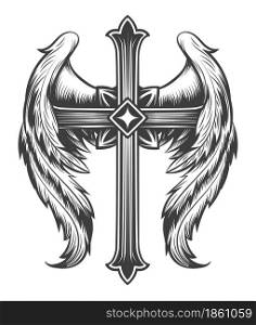 Tattoo oof Winged Cross drawn in Engraving Monochrome style. Vector illustration.
