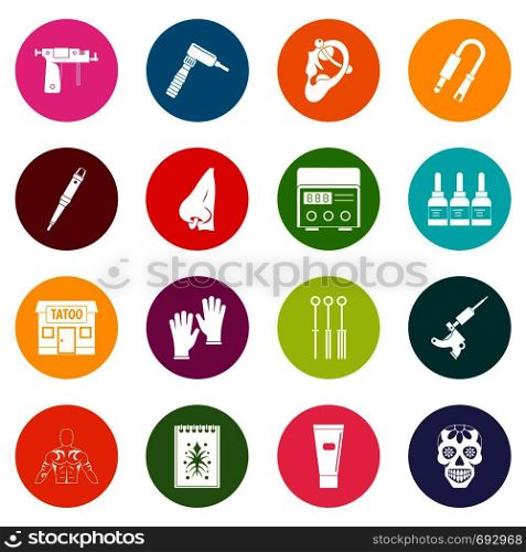 Tattoo parlor icons many colors set isolated on white for digital marketing. Tattoo parlor icons many colors set