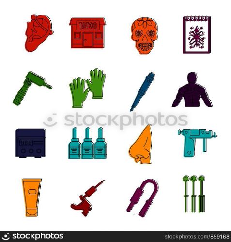 Tattoo parlor icons set. Doodle illustration of vector icons isolated on white background for any web design. Tattoo parlor icons doodle set