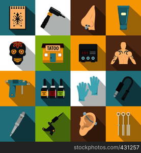 Tattoo parlor icons set. Flat illustration of 16 tattoo parlor vector icons for web. Tattoo parlor icons set, flat style