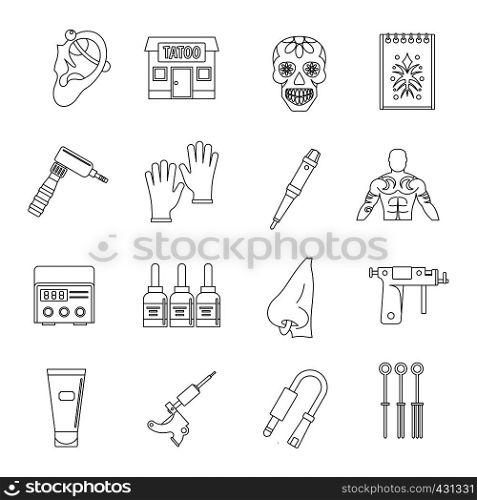 Tattoo parlor icons set. Outline illustration of 16 tattoo parlor vector icons for web. Tattoo parlor icons set, outline style