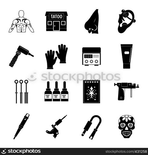 Tattoo parlor icons set. Simple illustration of 16 tattoo parlor vector icons for web. Tattoo parlor icons set, simple style