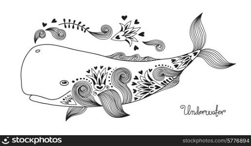 Tattoo Print Happy Whale with Patterns. Vector Illustration.. Tattoo Happy Whale.