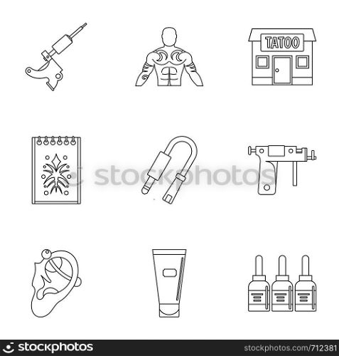 Tattoo salon accessory icon set. Outline set of 9 tattoo salon accessory vector icons for web isolated on white background. Tattoo salon accessory icon set, outline style