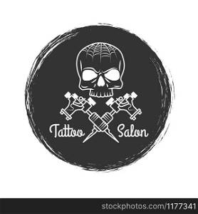 Tattoo salon grunge emblem design with skull, vector illustration. Tattoo salon grunge emblem with skull