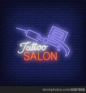 Tattoo salon neon text with tattoo machine. Neon sign, night bright advertisement, colorful signboard, light banner. Vector illustration in neon style.