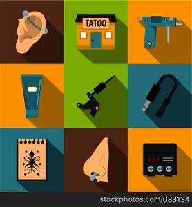Tattoo shop icons set. Flat set of 9 tattoo shop vector icons for web with long shadow. Tattoo shop icons set, flat style
