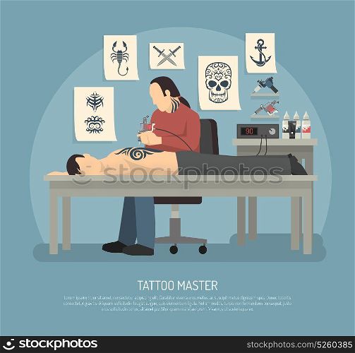 Tattoo Studio Composition. Colored flat tattoo studio composition with master tattooist on session and description vector illustration