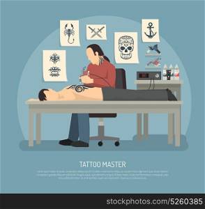 Tattoo Studio Composition. Colored flat tattoo studio composition with master tattooist on session and description vector illustration