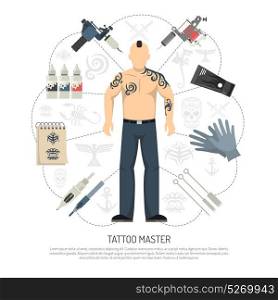 Tattoo Studio Concept. Colored flat tattoo studio concept with tattooed man and tools around him vector illustration