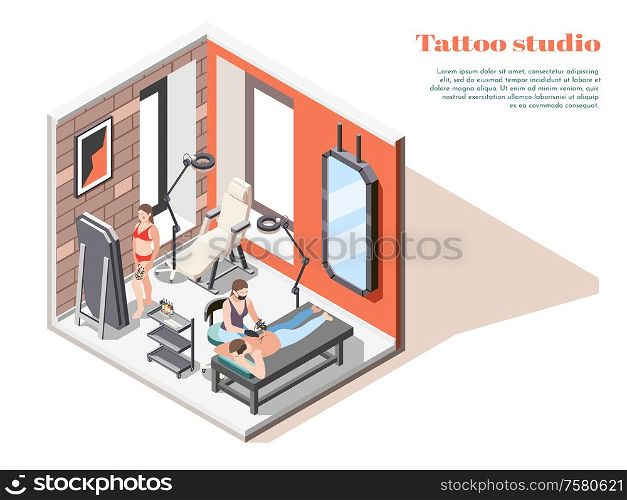 Tattoo studio interior isometric composition with mirrors floor lamps artist applying design on clients back vector illustration