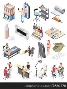 Tattoo studio isometric icons set with building workstation equipment ink mirror client artist reception process vector illustration