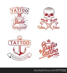 Tattoo studio logo. Colorful logos for tattoo parlor templates. Vector retro tattooing art shop emblems with skull and anchor isolated on white background. Tattoo studio logo. Colorful logos for tattoo parlor templates. Vector retro tattooing art shop emblems with skull and anchor isolated on white