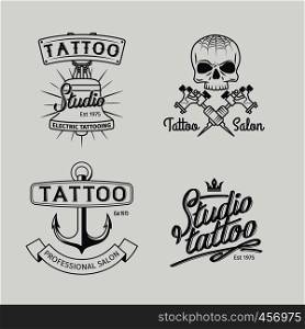Tattoo studio logo templates. Vector retro tattooing art shop emblems with skull and anchor. Tattoo studio logo templates