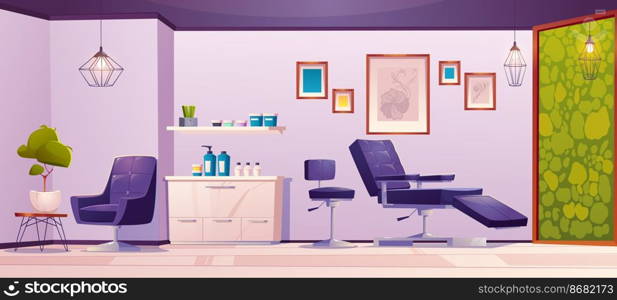 Tattoo studio or beauty salon interior. Modern empty room with armchairs for client and master, cosmetic jars, tools, equipment and stylish ink sketches hanging on wall, Cartoon vector illustration. Tattoo studio or beauty salon interior, empty room