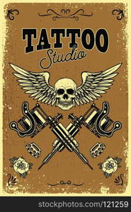 Tattoo studio poster template. Winged skull with crossed tattoo machines. Design element for logo, label, emblem, sign, poster. Vector illustration