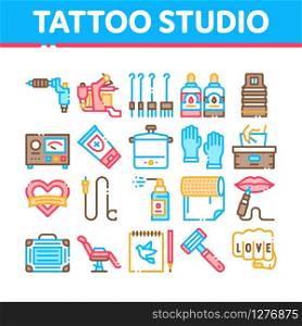 Tattoo Studio Tool Collection Icons Set Vector. Tattoo Studio Machine And Razor Equipment, Chair And Case, Cream And Ink Bottles Concept Linear Pictograms. Color Contour Illustrations. Tattoo Studio Tool Collection Icons Set Vector