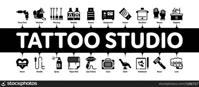 Tattoo Studio Tool Minimal Infographic Web Banner Vector. Tattoo Studio Machine And Razor Equipment, Chair And Case, Cream And Ink Bottles Illustrations. Tattoo Studio Tool Minimal Infographic Banner Vector