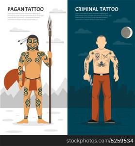Tattoo Studio Vertical Banner Set. Two isolated tattoo studio vertical banner set with pagan tattoo and criminal tattoo descriptions vector illustration