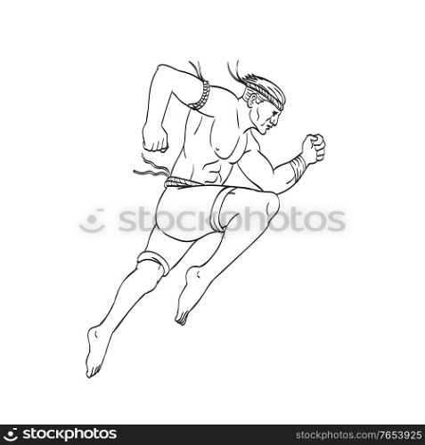 Tattoo style illustration of a Muay Thai or Thai boxing fighter, a combat sport of Thailand that uses stand-up striking, jumping striking with knee viewed from side done in black and white.. Muay Thai or Thai Boxing Fighter Jumping Striking with Knee Side Tattoo Style Black and White