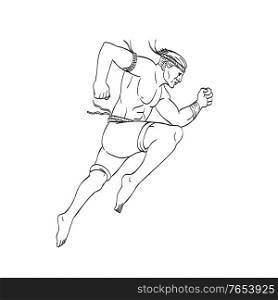 Tattoo style illustration of a Muay Thai or Thai boxing fighter, a combat sport of Thailand that uses stand-up striking, jumping striking with knee viewed from side done in black and white.. Muay Thai or Thai Boxing Fighter Jumping Striking with Knee Side Tattoo Style Black and White