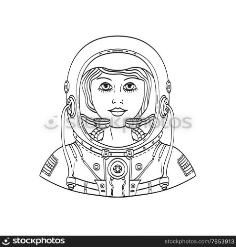 Tattoo style illustration of bust of a female astronaut wearing a space helmet and spacesuit viewed from front done in black and white.. Female Astronaut Wearing a Space Helmet and Spacesuit Front Tattoo Style Black and White