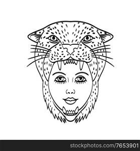 Tattoo style illustration of head of an Amazon warrior wearing a jaguar headdress viewed from front done in black and white.. Amazon Warrior Wearing a Jaguar Headdress Tattoo Style Black and White