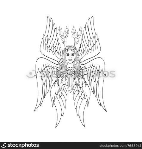Tattoo style illustration of seraph or seraphim, a six-winged fiery angel with six wings and deer antlers viewed from front done in black and white.. Seraph or Seraphim a Six-Winged Fiery Angel with Six Wings and Deer Antlers Tattoo Style Black and White