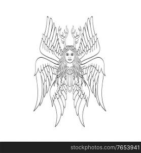 Tattoo style illustration of seraph or seraphim, a six-winged fiery angel with six wings and deer antlers viewed from front done in black and white.. Seraph or Seraphim a Six-Winged Fiery Angel with Six Wings and Deer Antlers Tattoo Style Black and White