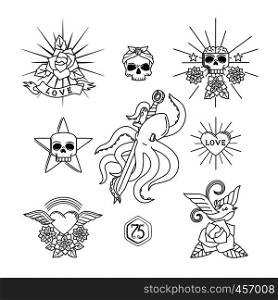 Tattoo vector elements. Linear tattoos with skull and flowers, heart, sparrow or swallow bird. Tattoo line elements
