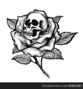 Tattoo with skull inside of Rose flower. Vector illustration.