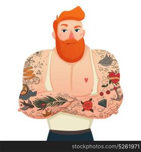 Tattooed Man Isolated Figurine. Single flat figurine of muscular tattooed man with red hair and beard isolated cartoon vector illustration