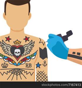 Tattooing process. Tattoo artist drawing on man hand with tattoo machine, tattooist studio vector illustration. Tattooing process illustration