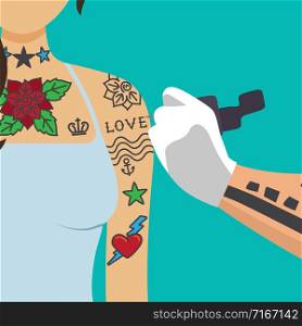 Tattooist artist paint girl body with tattooing machine. Tattoo vector illustration. Tattooist artist paint girl arm